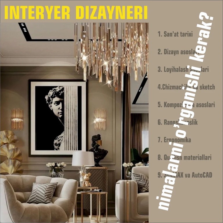 Interyer dizayni kursi Toshkentda — dizayn tarixi va amaliy mashg‘ulotlar (10/10) Interyer dizayni kursi Toshkentda — dizayn tarixi va amaliy mashg‘ulotlar (10/10)
